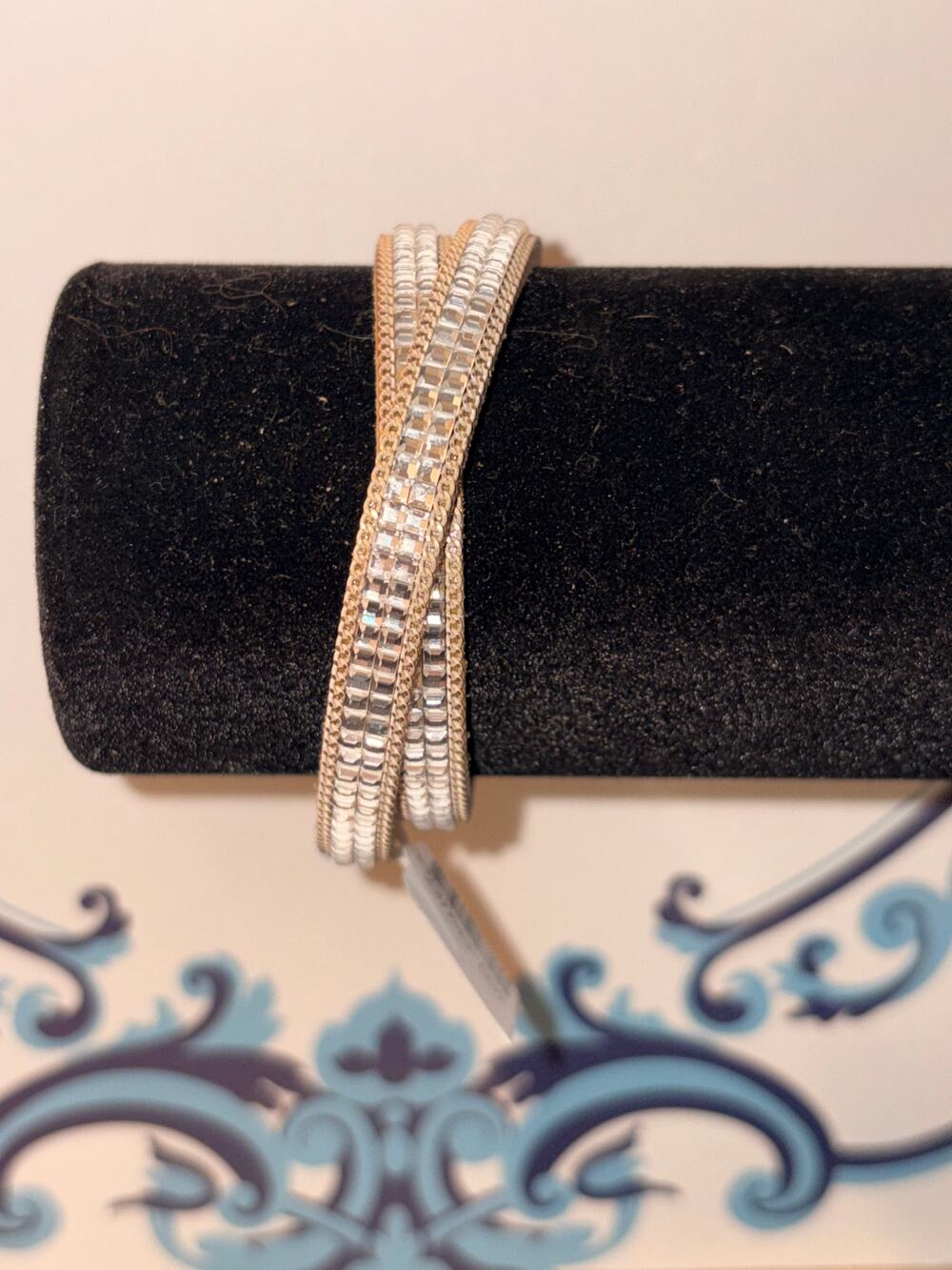 Tan & Clear Crystal Rhinestone Double Wrap Bracelet